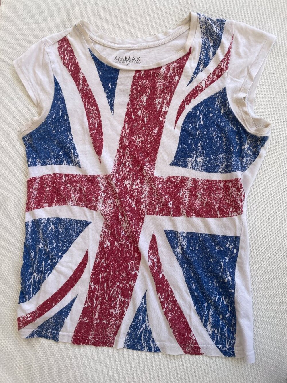 Miley Cyrus & MAX Azria Union Jack T-shirt, Large, Celebrity collab, Distressed